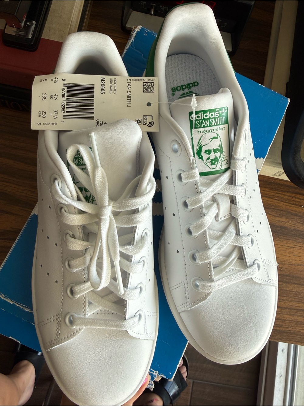 Womens adidas Stan Smith White Sneakers with Green Tongue Logo